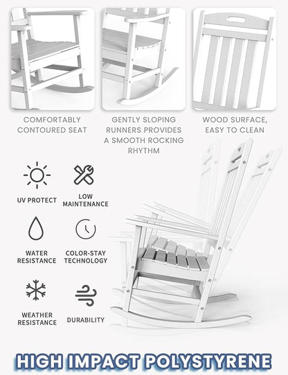 Outdoor Rocking Chair, High Back HDPE Patio Chair, All Weather Rocker Porch Chair, Lawn Chair for Deck, Porch, Backyard, Garden and Indoor, White