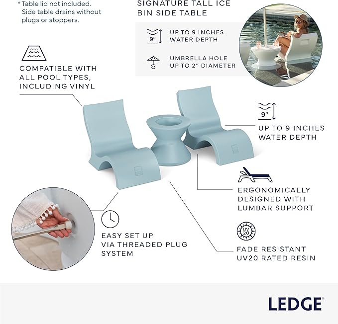 Ledge Lounger Signature Lowback Chair Set - Two Chairs - Ice Bin Side Table - in-Pool - On-Deck - Water Depths 0-9” - Photo 3