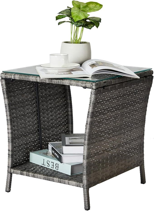 Outvita Outdoor Side Table, Rattan Coffee Table Small End Table with Glass Top Storage for Patio Porch Backyard Balcony
