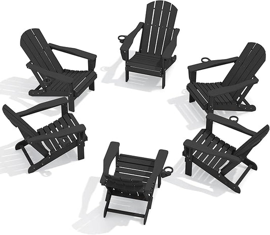 SERWALL Folding Adirondack Chair Set of 6, Adjustable Adirondack Chair with 3 Recline Positions, All Weather HDPE Outdoor Adirondack with Cup Holders, Black