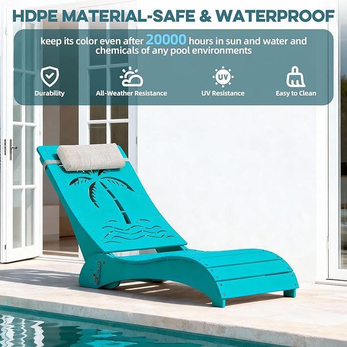 in Pool Lounge Chairs Set of 4, HDPE Pool Chaise Loungers for Sun Shelf up to 9 Inches, Fade-Resistant, 3-Position Adjustable Backrest with Headrest, Ergonomic Poolside Lounger, Teak