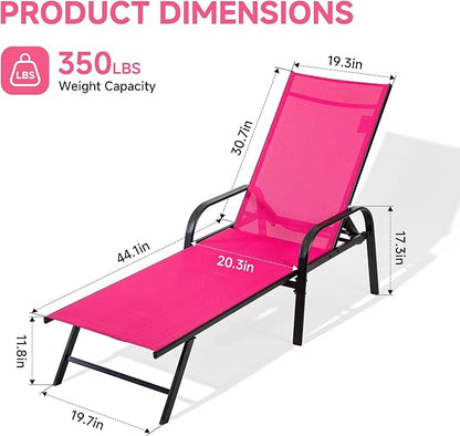 Simple Delxue Folding Chaise Lounge Chair with 5 Reclining Positions, Beach Recliner Chair with Armrests, Textilene Fabric & Steel Frame, Outdoor Patio Poolside Seating, 350 LBS Capacity, Pink
