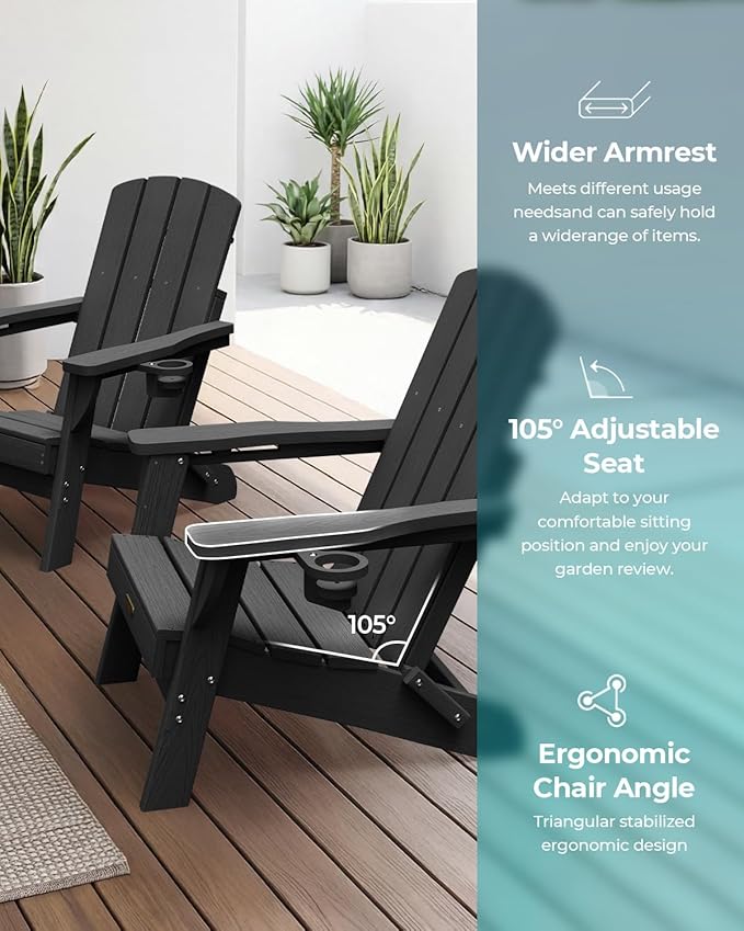 Folding Adirondack Chair, HDPE All-Weather Fire Pit Chairs, Plastic Adirondack Chairs with 2 Cup Holder - Photo 5