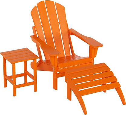 WO Home Furniture 3pc Set - HDPE Poly Adirondack Chair with Ottoman/Footrest and Square Side Table, All Weather and UV Resistant for Outdoor Patio Backyard, Garden, Orange