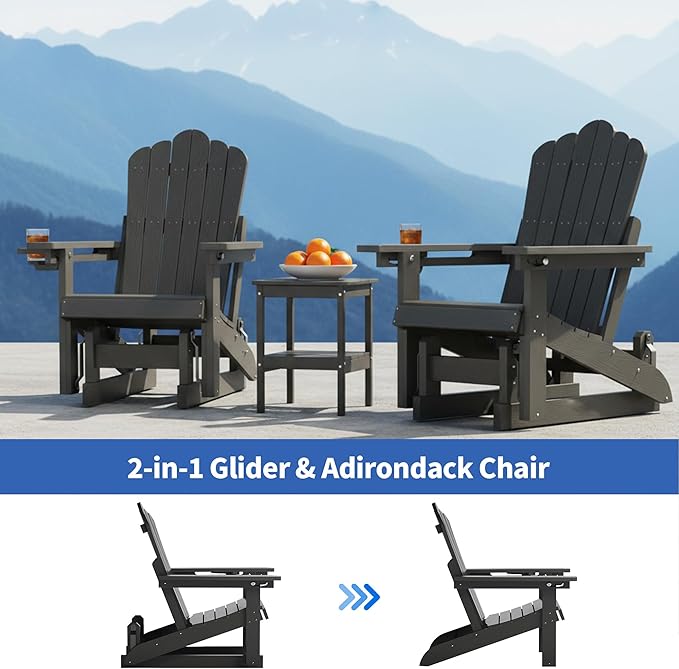 HDPE Outdoor Glider Chair,3-Position Adjustable Backrest Patio Glider, All-Weather Glider Rocker Chair with Cup Holders,Porch Glider for Outside,Deck,Fire Pit, Poolside,400LBS Capacity (Black)