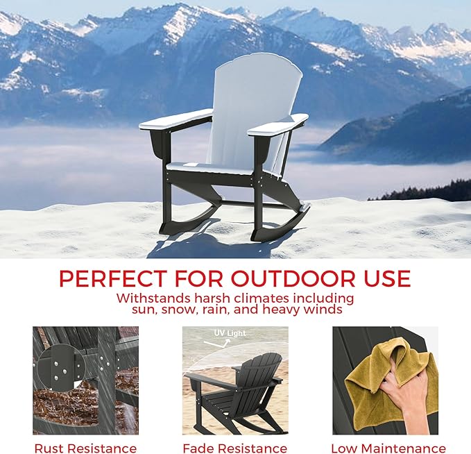 Costaelm Outdoor Adirondack Chair, All Weather Resistant Lawn Chairs Balcony Chair and Fire Pit Chairs, Deck Chairs Outdoor Porch Rocking Chair High Back HDPE Poly Lumber, Gray