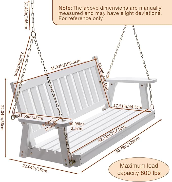 Anraja White Wooden Porch Swing 2-Seater, Bench Swing with Hanging Chains, Heavy Duty 800 LBS - Photo 3