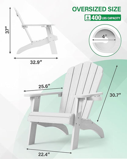 YEFU Oversized Plastic Adirondack Chair Set of 4 with Cup-Holder, Weather Resistant, Poly Lumber Outdoor Chairs Duty Rating Widely Used in Patio, Lawn, Outside, Deck, Garden Chair-White