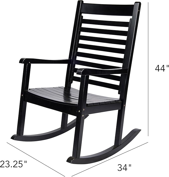 Shine Company Modern Wood Rocking Chair, Ergonomic Wide Seat Porch Rocker, Black