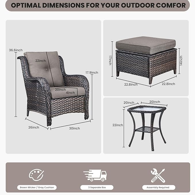 Belord Outdoor Wicker Furniture 5 Pieces Patio Furniture Set Patio Chairs with Ottomans and Side Table Conversation Set for Porch Garden Deck Balcony Poolside