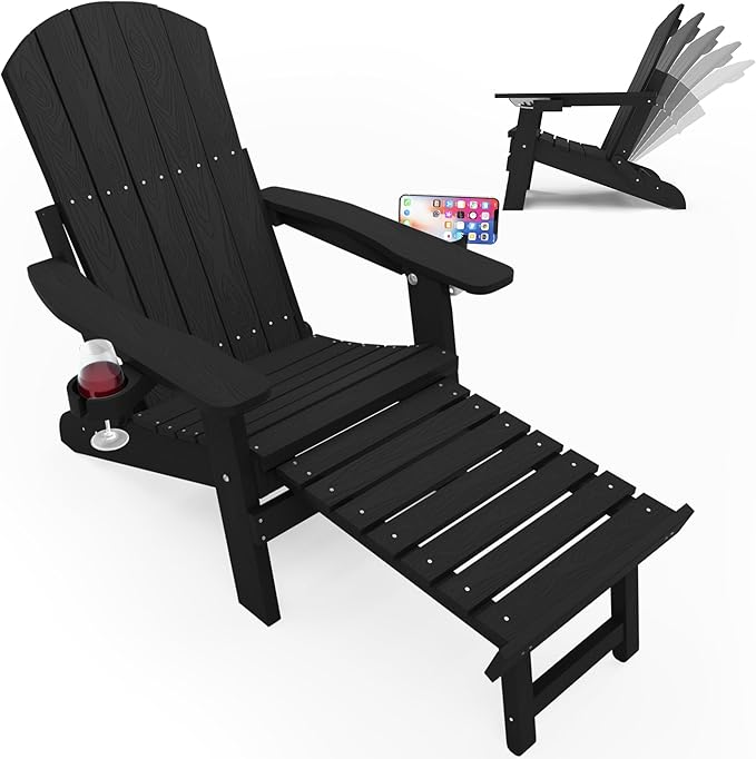 YEFU Adjustable Adirondack Chair with Footrest, 5-Level Adjustable Adirondack Chair with Retractable Ottoman & 2 Cup Holder, Folding Adirondacks Chairs Use for Outdoor, Pool, Patio, Fire Pit (Black)