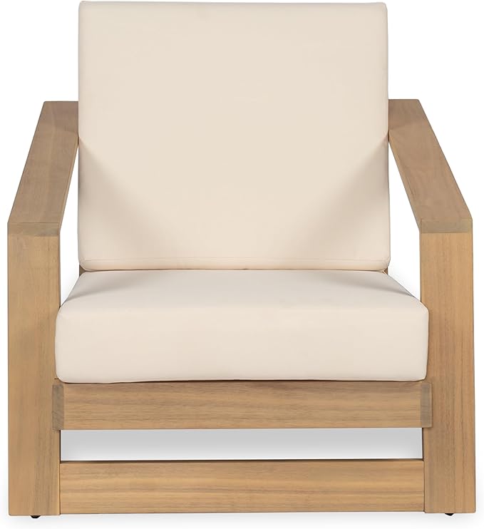 Christopher Knight Home Fayah Acacia Wood Lounge Chair Outdoor, Wooden Patio Armchair for Lounging, Patio Furniture Single Sofa Chair, Garden/Poolside Comfy Reading Chair with Cushion,Light Teak+Beige