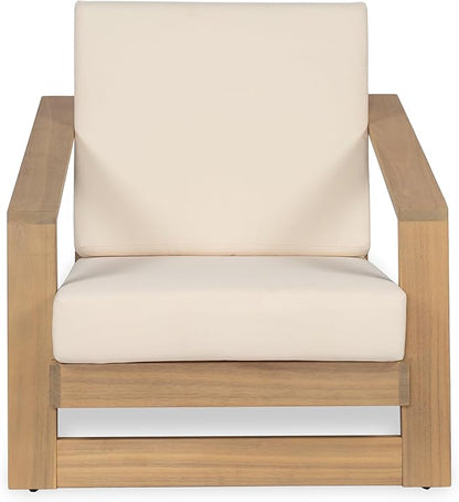 Christopher Knight Home Fayah Acacia Wood Lounge Chair Outdoor, Wooden Patio Armchair for Lounging, Patio Furniture Single Sofa Chair, Garden/Poolside Comfy Reading Chair with Cushion,Light Teak+Beige