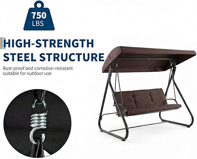 3-Seat Outdoor Convertible Swing Glider with Adjustable Canopy, 2-in-1 Bench to Flat Bed, Removable Cushions - Photo 3