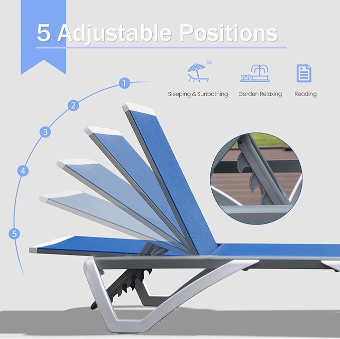 Domi Outdoor Lounge Chairs Set of 4, Aluminum Lounge Chairs for Outside with 5 Position Adjustable Backrest, Outdoor Chaise Lounge for Beach, Yard, Balcony, Poolside, Blue