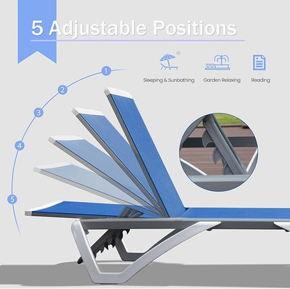 Domi Outdoor Lounge Chairs Set of 4, Aluminum Lounge Chairs for Outside with 5 Position Adjustable Backrest, Outdoor Chaise Lounge for Beach, Yard, Balcony, Poolside, Blue