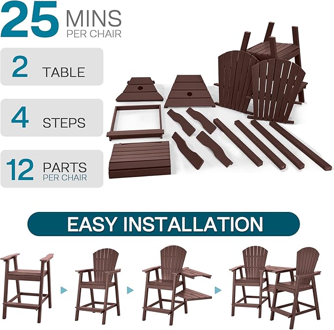 Tall Adirondack Chairs Set of 8, HDPE Balcony Chair with Double Connecting Tray, Weather Resistant Outdoor Adirondack Bar Stools for Patio, Deck, Patio, Backyard, Balcony. (Brown)