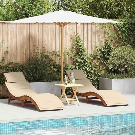 2-Pack Acacia Wood Sun Lounger Set Beige 21.65"x72.44"x25.20" Adjustable Chaise Cushion Solid Frame Modern Patio Lounge Chairs for Garden Poolside Backyard or Balcony Use
