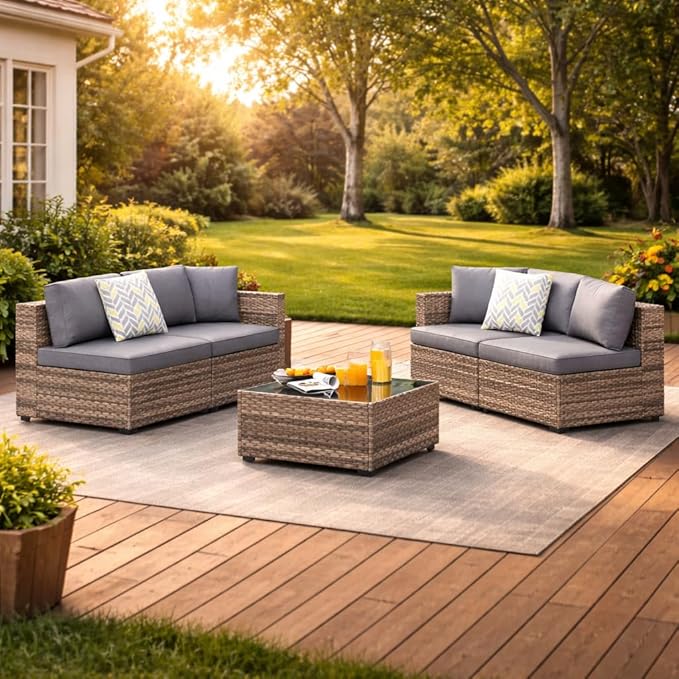 SUNLEI 5 Piece Patio Furniture Sets, Low Back All-Weather Rattan Sectional Sofa with Tea Table&Washable Couch Cushions - Photo 1