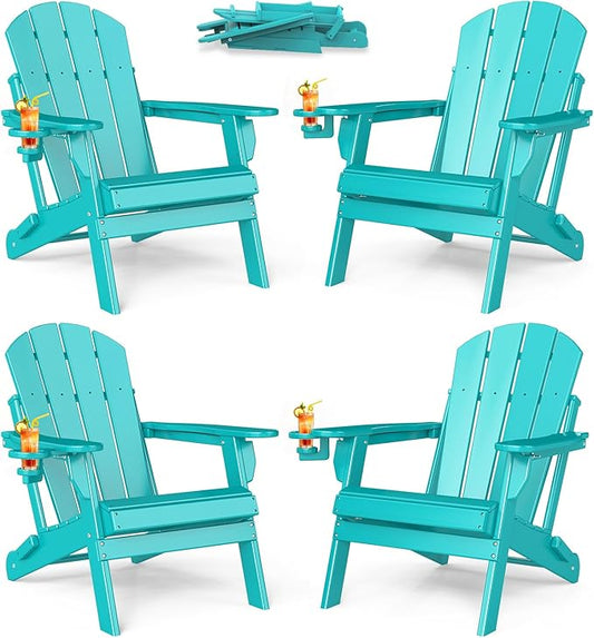 BRIOPAWS Folding-Adirondack-Chairs Set of 4 | HDPE | Fire Pit Chair | Cup Holder | Weather Resistance | Aqua | for Outdoor Backyard Deck Patio