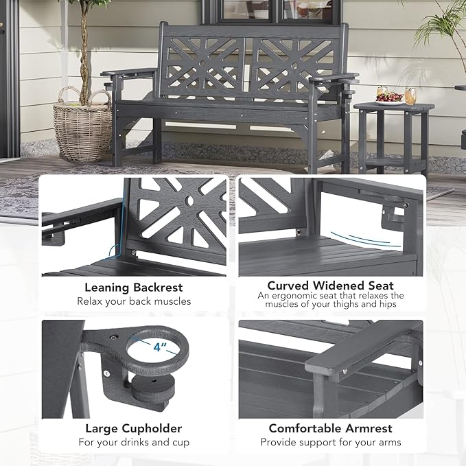 Oversized Outdoor Bench Set of 2, 51.5” HDPE Aesthetic Garden Bench with Cup Holders, Memorial Benches - Easy Assembly & All Weather, for Porch & Patio, 800lbs Load Capacity (Grey)