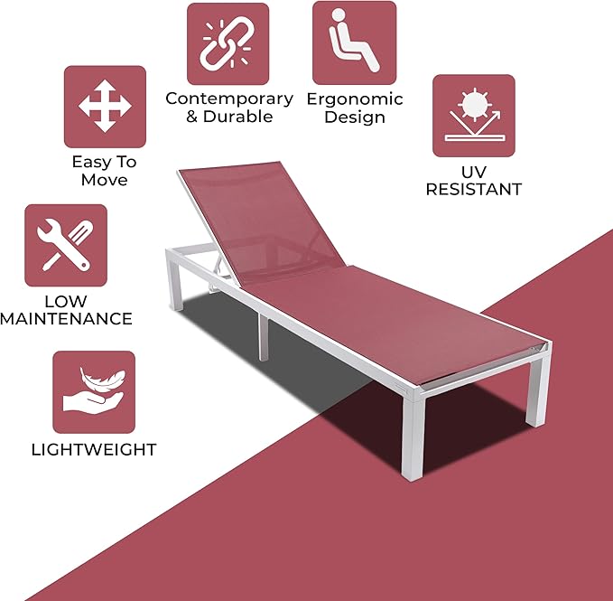 LeisureMod Marlin Aluminum Outdoor Chaise Lounge Chair - Mesh Sling Fabric Seat White Aluminum Frame Beach, Pool Lounge Chair for Modern Patio Lawn, Garden and Backyard (Burgundy)