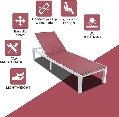 LeisureMod Marlin Aluminum Outdoor Chaise Lounge Chair - Mesh Sling Fabric Seat White Aluminum Frame Beach, Pool Lounge Chair for Modern Patio Lawn, Garden and Backyard (Burgundy)