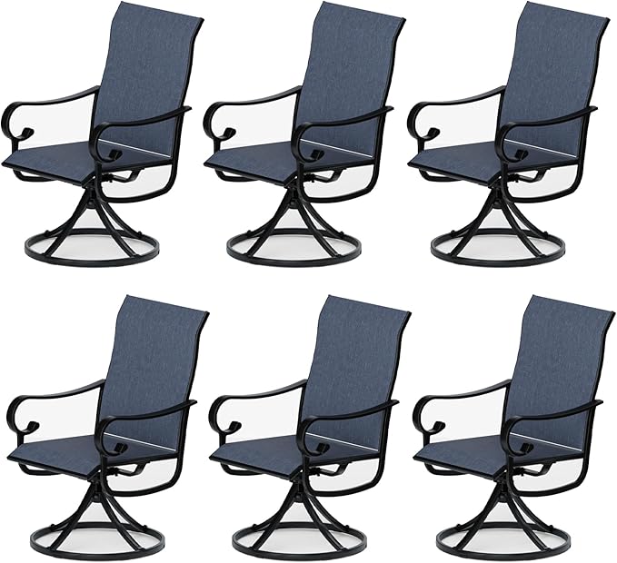 Patio Swivel Chairs Set of 6, Outdoor Dining Chairs with High Back, All-Weather Swivel Rocker Chair with Sturdy Metal Frame for Outdoor Poolside Lawn Garden, Navy Blue