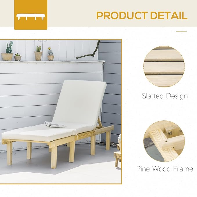 Outsunny Chaise Lounge Chair for Outdoor, Wood Outdoor Chaise Lounge with 4-Position Adjustable Backrest and Cushion - Photo 6