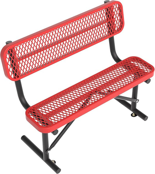 4ft Metal Park Bench with Back, Red Heavy-Duty Steel Outdoor Bench Dock Bench Weatherproof Long Bench Seats, Commercial Garden Benches for Lawn, Park, Deck, Garden, Patio, Porch, Easy Installation