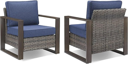 Rilyson Outdoor Wicker Patio Furniture Set - 5 Piece Patio Conversation Set with 2 Wicker Armrest Chairs,2 Rattan Ottoman and 1 Couch,Sturdy Frame,Thick Cushions,Deep Seating(Mixed Grey/Blue)