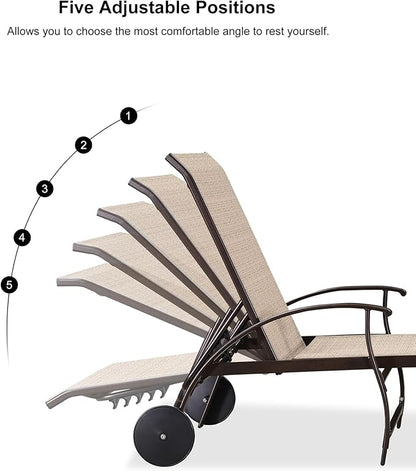 PURPLE LEAF Outdoor Chaise Lounge Chair Set of 3 Patio Pool Lounger Aluminum Chairs with Side Table and Wheels Adjustable Tanning Recliner for Outside Backyard Yard Deck Balcony Beach Khaki