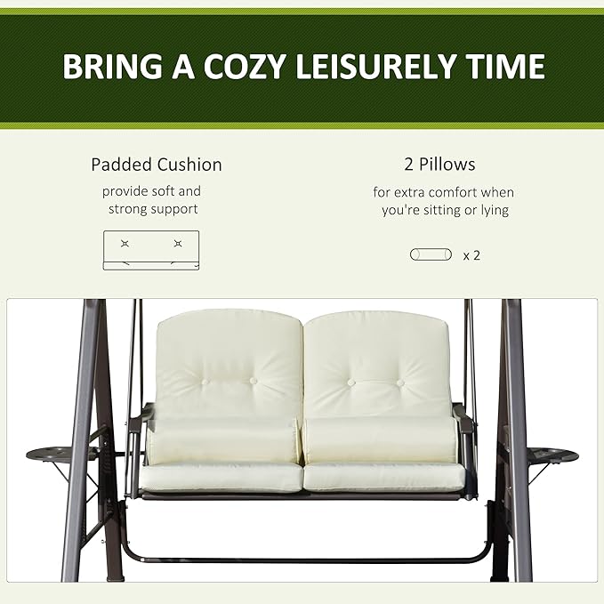 Outsunny 2-Person Patio Swing Bench with Adjustable Shade Canopy, Soft Cushions, Throw Pillows and Tray, Beige.