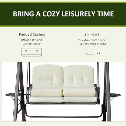 Outsunny 2-Person Patio Swing Bench with Adjustable Shade Canopy, Soft Cushions, Throw Pillows and Tray, Beige.
