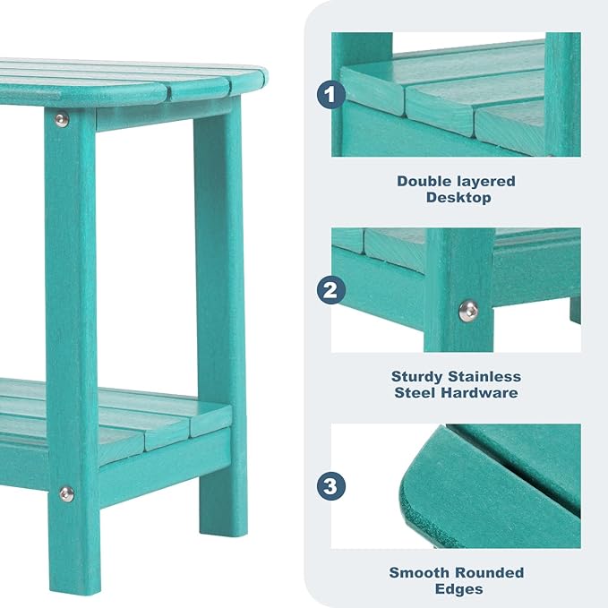 Adirondack Outdoor Side Table, 16.5” HDPE Small Patio Table with Storage Shelf, Weather Resistant End Table for Porch, Pool & Yard (Aruba)