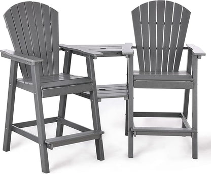 Tall Adirondack Chairs Set of 2, HDPE Balcony Chair with Double Connecting Tray, Weather Resistant Outdoor Adirondack Bar Stools for Patio, Deck, Patio, Backyard, Balcony. (Grey)