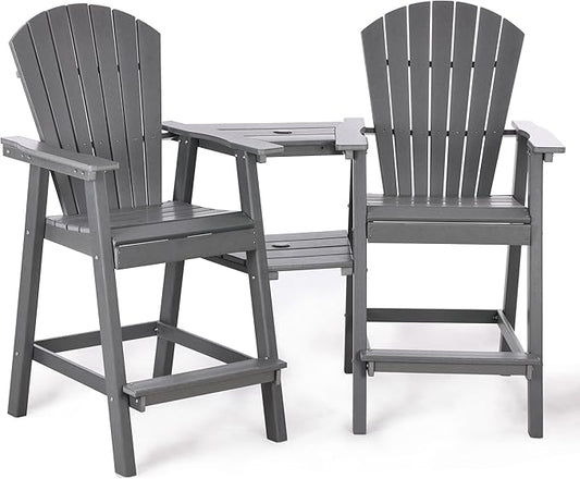 Tall Adirondack Chairs Set of 2, HDPE Balcony Chair with Double Connecting Tray, Weather Resistant Outdoor Adirondack Bar Stools for Patio, Deck, Patio, Backyard, Balcony. (Grey)