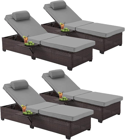 HOMREST PE Wicker Chaise Lounge Chairs Set of 4,Adjustable 5 Position Outside Rattanr Patio Pool Chair with Headrest,Cushion and Storage Rack for Poolside Backyard Porch,Grey