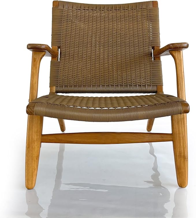 Indonesian Grade A Teak Wood Monterey Club Lounge Chair. Midcentury Modern Comfortable Design Chair Double handweaved Rope. Backyard, Poolside, Balcony Living Room. (TAN)