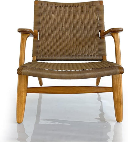 Indonesian Grade A Teak Wood Monterey Club Lounge Chair. Midcentury Modern Comfortable Design Chair Double handweaved Rope. Backyard, Poolside, Balcony Living Room. (TAN)