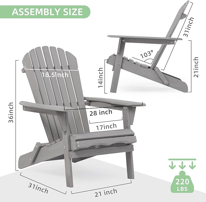 Wooden Folding Adirondack Chair Set of 2, Half Pre-Assembled Outdoor Wood Patio Lounge Chair for Lawn Backyard Deck Pool Beach Firepit