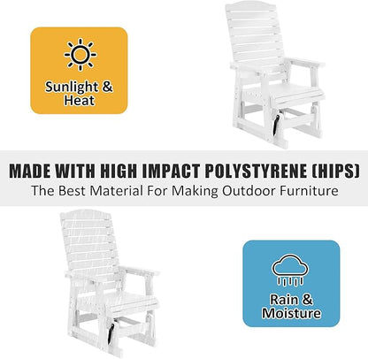 Poly Lumber Patio Glider with Cup Holders, High Backrest and Deep Contoured Seat, HIPS Material, All-Weather Resistant, Heavy Duty 700 Pounds (White, 1-Seat)