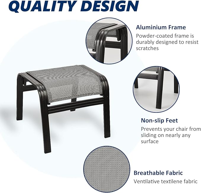 Outdoor Patio Ottoman Seat Textilene Portable Metal Footstool Portable Footrest Patio Chairs 2 Set Grey - Photo 4