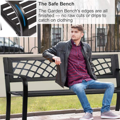 Garden Bench Outdoor Bench Patio Bench for Metal Bench Park Bench with Armrests Sturdy Steel Frame Furniture w/PVC Mesh Pattern 400LBS Weight Capacity for Porch, Backyard,Lawn,Pool, Deck,Black