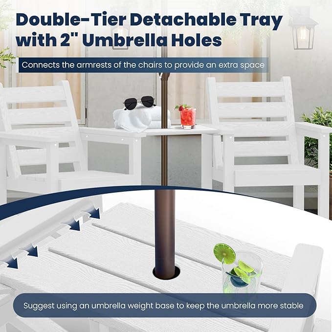 PLUUV Tall Adirondack Chairs Set of 2, All Weather HDPE Poly Bar Height Balcony Adirondack Chair with Removable Double Connecting Trays, Outdoor Adirondack Barstools for Deck, Patio, Yard, Pool, Lawn