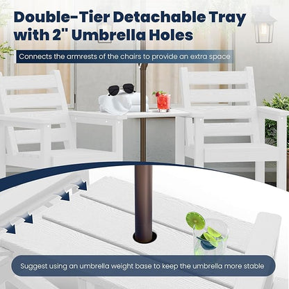 PLUUV Tall Adirondack Chairs Set of 2, All Weather HDPE Poly Bar Height Balcony Adirondack Chair with Removable Double Connecting Trays, Outdoor Adirondack Barstools for Deck, Patio, Yard, Pool, Lawn