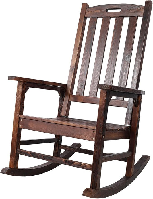 Wooden Oversized Porch Rocker Chair with Wide Seat and Tall Backrest - High Back Smooth Rocking Chairs for Outdoor & Indoor Use, Durable Fir Wood Construction, Easy Assembly (Brown)