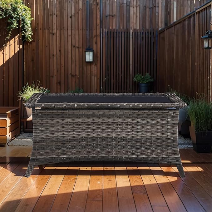 Outdoor Coffee Table - Patio Rattan Wicker Coffee Table with Tempered Glass Top Outdoor Table for Deck Porch Balcony Garden - Grey