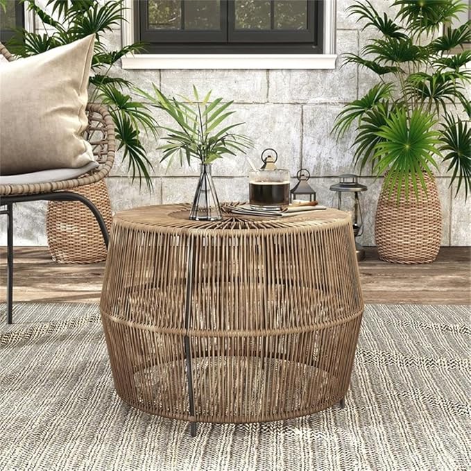 Outdoor Round PE Wicker Rattan Coffee Table, Natural Finish, 21.65 in x 21.65 in x 15.74 in, Coastal Style - Photo 2