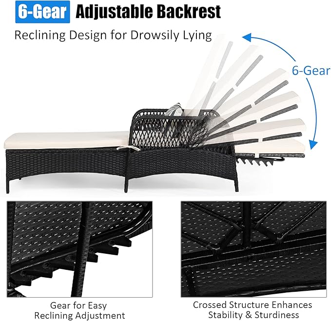 Tangkula Wicker Chaise Lounge Outdoor, Patio Rattan Reclining Chaise with 6-Gear Adjustable Backrest, Thick Padded Cushion & Removable Lumbar Pillow, Pool Lounge Chairs for Outside Balcony Backyard